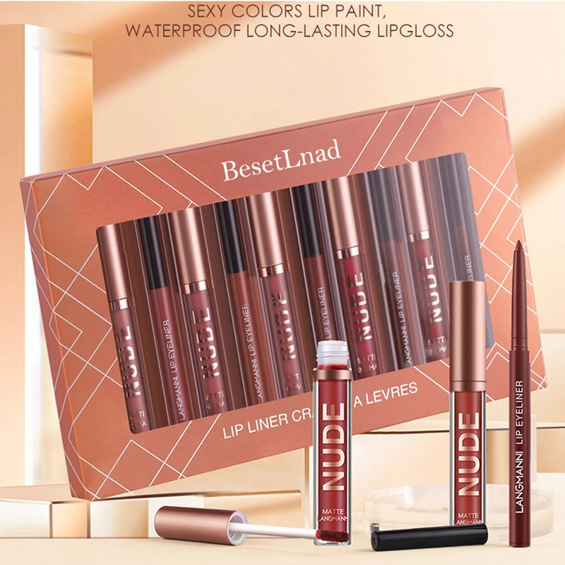 12 Set di rossetti liquidi opachi + matita per labbra, gloss labbra nude in velluto