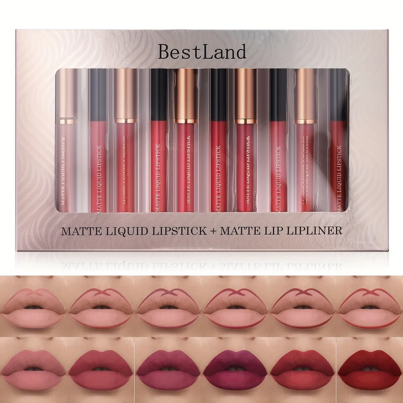 12 Set di rossetti liquidi opachi + matita per labbra, gloss labbra nude in velluto