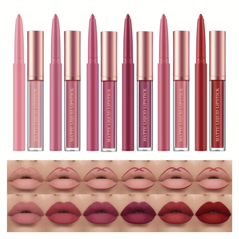 12 Set di rossetti liquidi opachi + matita per labbra, gloss labbra nude in velluto