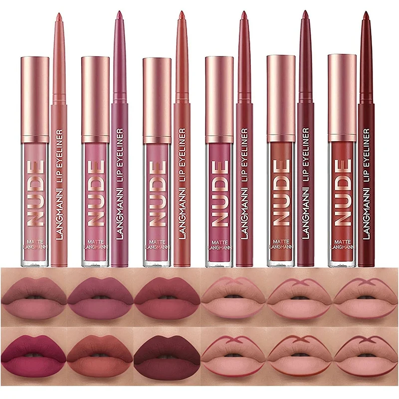 12 Set di rossetti liquidi opachi + matita per labbra, gloss labbra nude in velluto