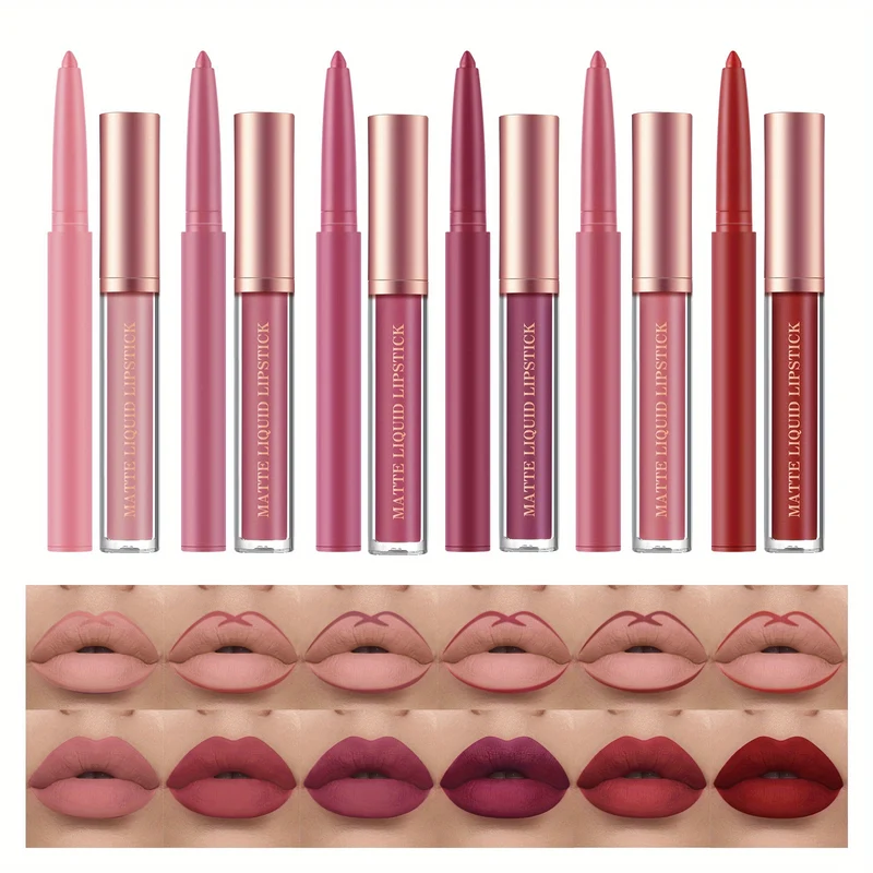 12 Set di rossetti liquidi opachi + matita per labbra, gloss labbra nude in velluto