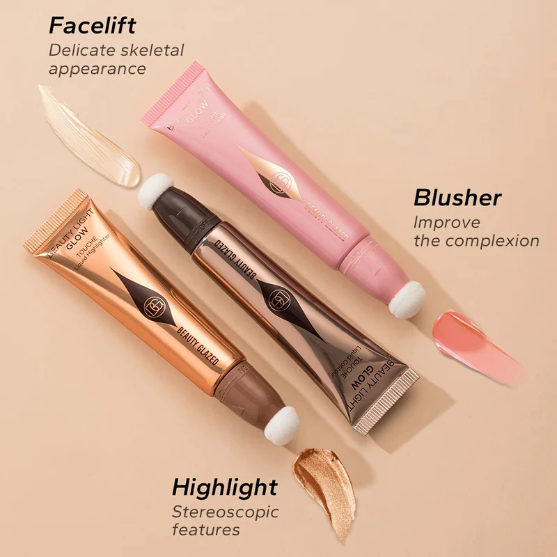 Set Trucco 3 Pezzi, Liquido Fard, Liquido Evidenziatore, Liquido Contorno, Cipria Per Dita, Set Trucco Per Principianti
