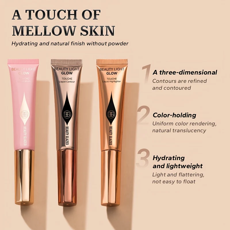 Set Trucco 3 Pezzi, Liquido Fard, Liquido Evidenziatore, Liquido Contorno, Cipria Per Dita, Set Trucco Per Principianti