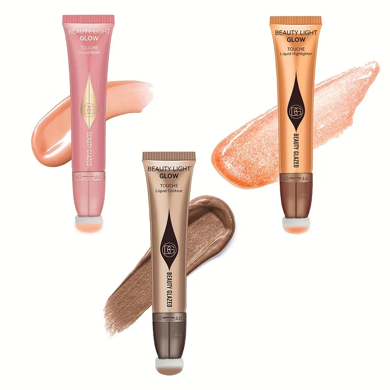 Set Trucco 3 Pezzi, Liquido Fard, Liquido Evidenziatore, Liquido Contorno, Cipria Per Dita, Set Trucco Per Principianti