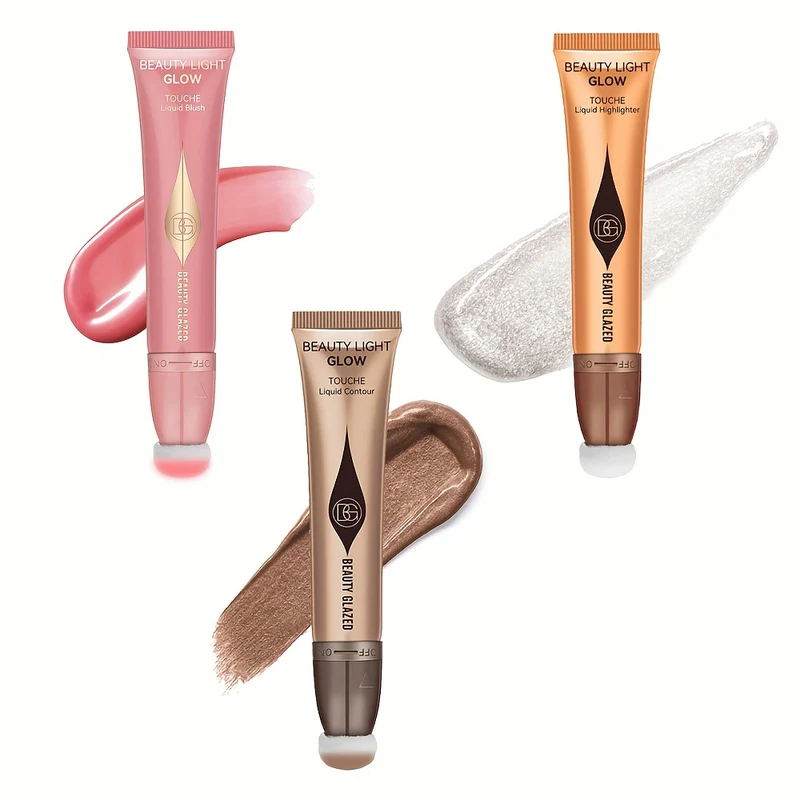 Set Trucco 3 Pezzi, Liquido Fard, Liquido Evidenziatore, Liquido Contorno, Cipria Per Dita, Set Trucco Per Principianti