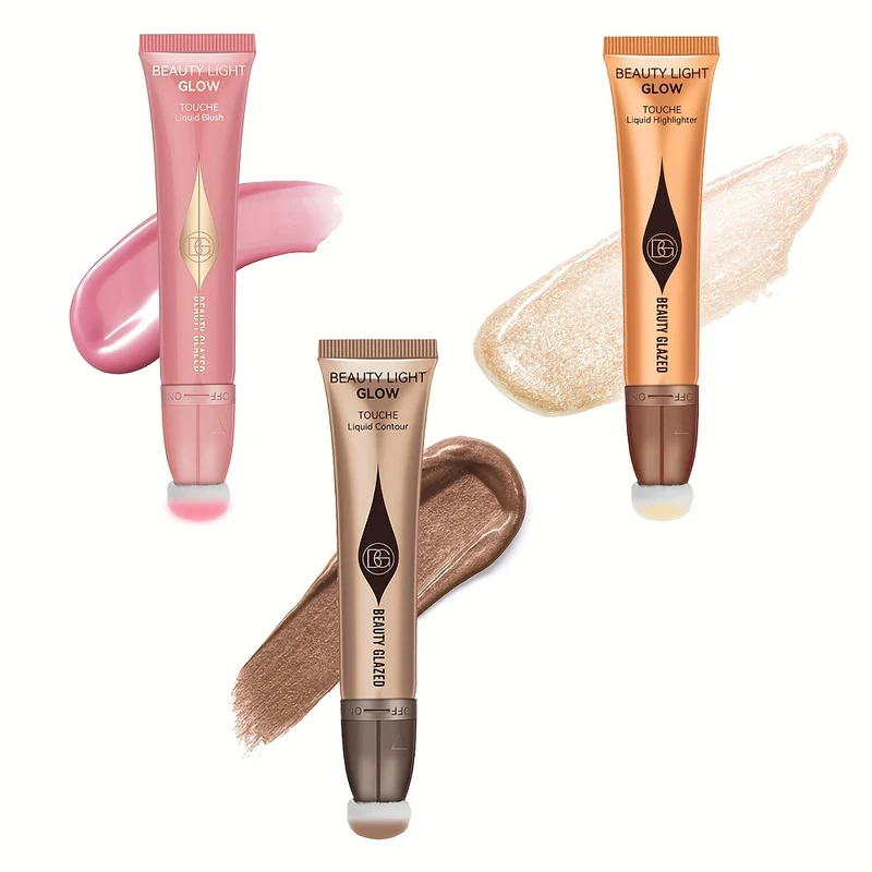 Set Trucco 3 Pezzi, Liquido Fard, Liquido Evidenziatore, Liquido Contorno, Cipria Per Dita, Set Trucco Per Principianti
