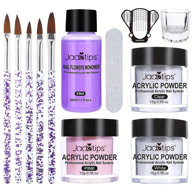 Kit acrilico per unghie, set polvere e liquido acrilico, set monomero liquido per unghie con pennello, kit polvere per unghie trasparente, bianco e rosa, set principiante per ricostruzione unghie in acrilico