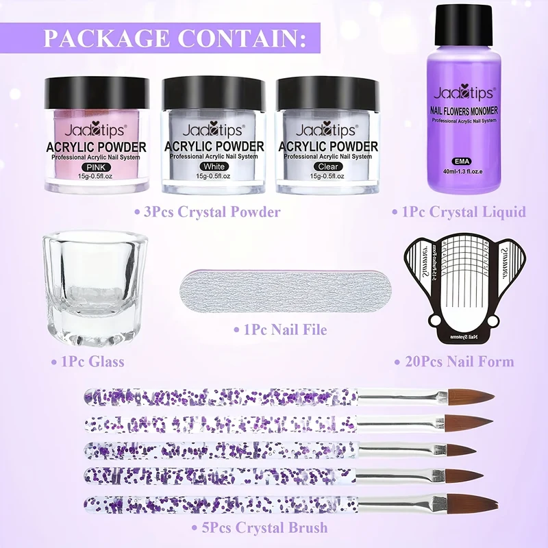 Kit acrilico per unghie, set polvere e liquido acrilico, set monomero liquido per unghie con pennello, kit polvere per unghie trasparente, bianco e rosa, set principiante per ricostruzione unghie in acrilico