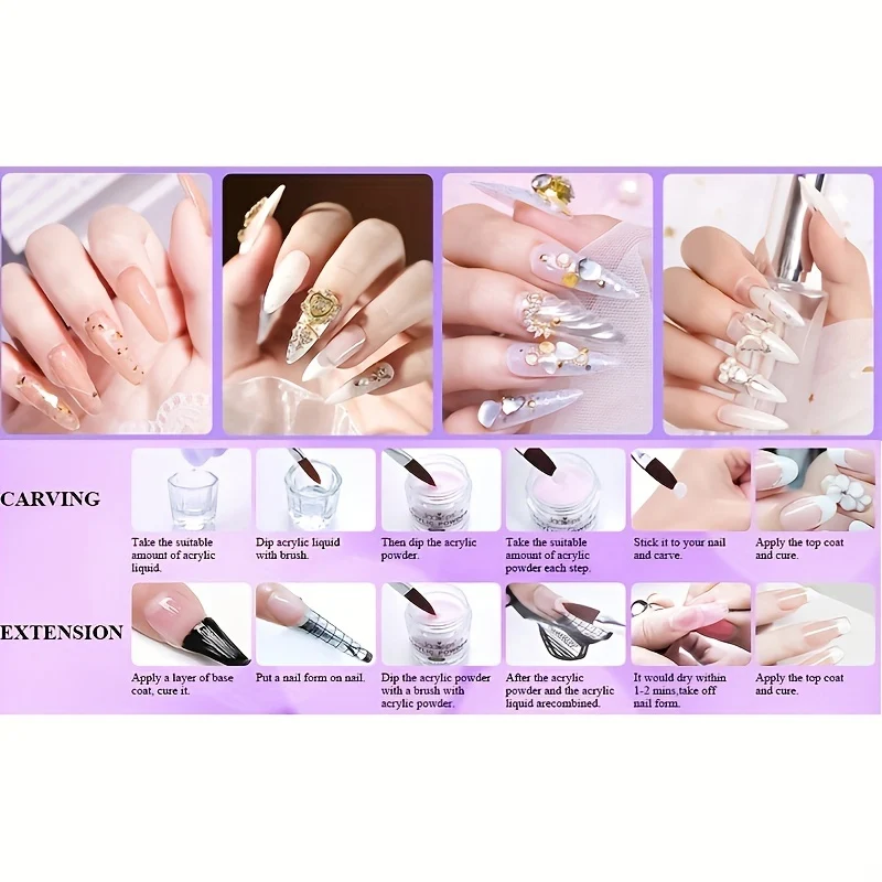 Kit acrilico per unghie, set polvere e liquido acrilico, set monomero liquido per unghie con pennello, kit polvere per unghie trasparente, bianco e rosa, set principiante per ricostruzione unghie in acrilico