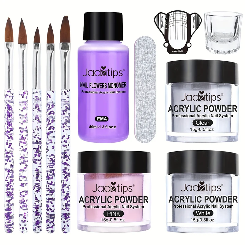 Kit acrilico per unghie, set polvere e liquido acrilico, set monomero liquido per unghie con pennello, kit polvere per unghie trasparente, bianco e rosa, set principiante per ricostruzione unghie in acrilico