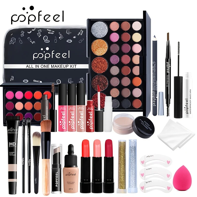 POPFEEL Kit Trucco Set Regalo Completo Per Donne, Include Set Di Pennelli Per Trucco, Palette Di Ombretti, Set Di Lucidalabbra, Rossetto, Blush, Fondotinta, Correttore, Mascara, Matita Per Sopracciglia