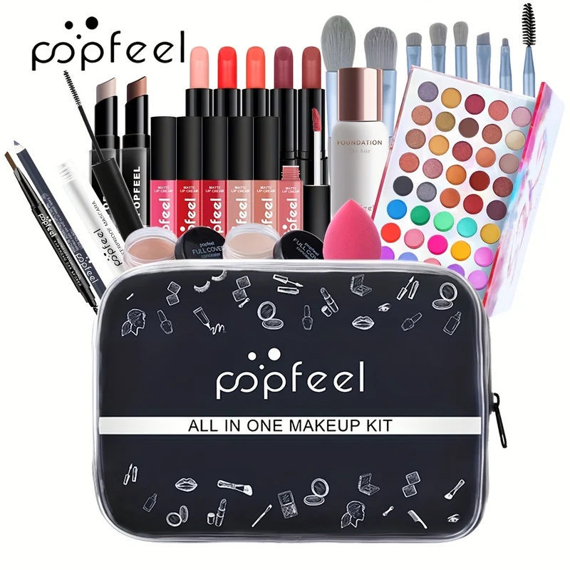 POPFEEL Kit Trucco Set Regalo Completo Per Donne, Include Set Di Pennelli Per Trucco, Palette Di Ombretti, Set Di Lucidalabbra, Rossetto, Blush, Fondotinta, Correttore, Mascara, Matita Per Sopracciglia