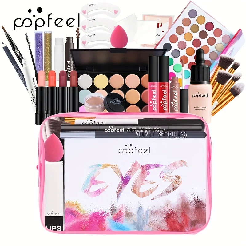 POPFEEL Kit Trucco Set Regalo Completo Per Donne, Include Set Di Pennelli Per Trucco, Palette Di Ombretti, Set Di Lucidalabbra, Rossetto, Blush, Fondotinta, Correttore, Mascara, Matita Per Sopracciglia