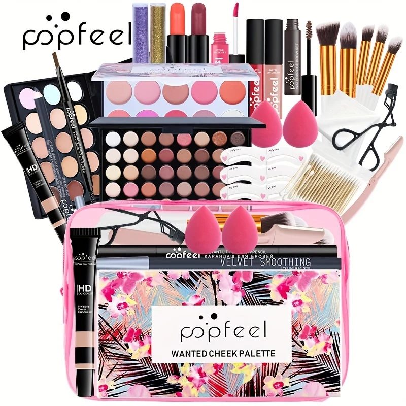 POPFEEL Kit Trucco Set Regalo Completo Per Donne, Include Set Di Pennelli Per Trucco, Palette Di Ombretti, Set Di Lucidalabbra, Rossetto, Blush, Fondotinta, Correttore, Mascara, Matita Per Sopracciglia
