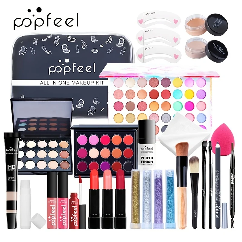 POPFEEL Kit Trucco Set Regalo Completo Per Donne, Include Set Di Pennelli Per Trucco, Palette Di Ombretti, Set Di Lucidalabbra, Rossetto, Blush, Fondotinta, Correttore, Mascara, Matita Per Sopracciglia