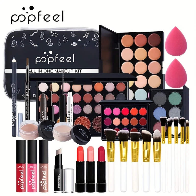 POPFEEL Kit Trucco Set Regalo Completo Per Donne, Include Set Di Pennelli Per Trucco, Palette Di Ombretti, Set Di Lucidalabbra, Rossetto, Blush, Fondotinta, Correttore, Mascara, Matita Per Sopracciglia