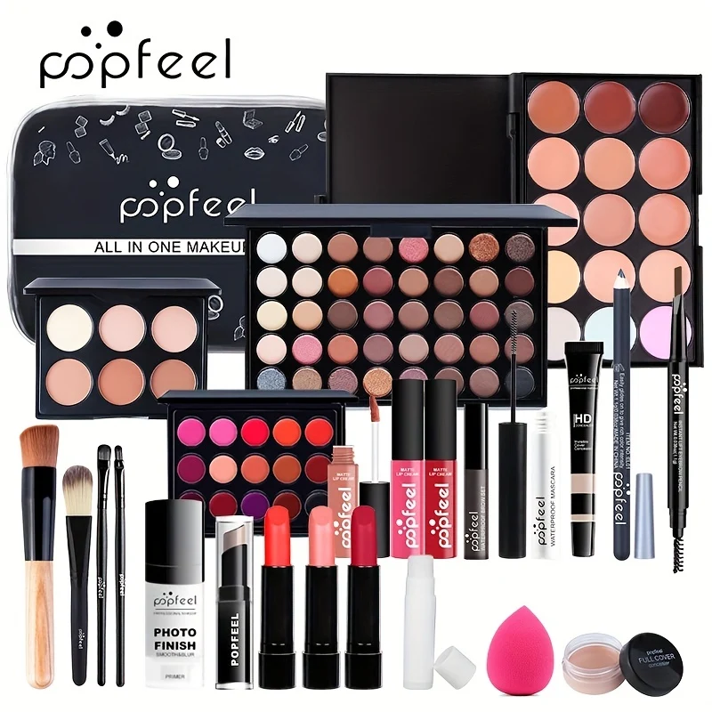 POPFEEL Kit Trucco Set Regalo Completo Per Donne, Include Set Di Pennelli Per Trucco, Palette Di Ombretti, Set Di Lucidalabbra, Rossetto, Blush, Fondotinta, Correttore, Mascara, Matita Per Sopracciglia