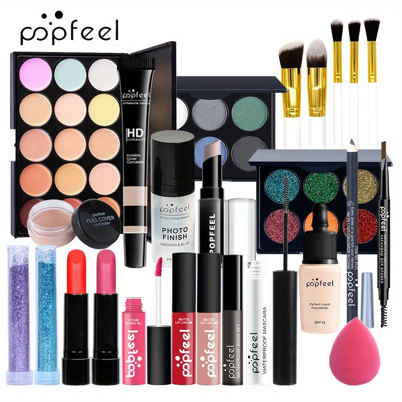 POPFEEL Kit Trucco Set Regalo Completo Per Donne, Include Set Di Pennelli Per Trucco, Palette Di Ombretti, Set Di Lucidalabbra, Rossetto, Blush, Fondotinta, Correttore, Mascara, Matita Per Sopracciglia