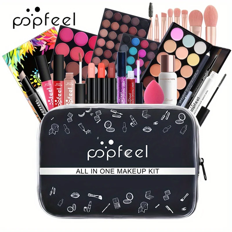 POPFEEL Kit Trucco Set Regalo Completo Per Donne, Include Set Di Pennelli Per Trucco, Palette Di Ombretti, Set Di Lucidalabbra, Rossetto, Blush, Fondotinta, Correttore, Mascara, Matita Per Sopracciglia