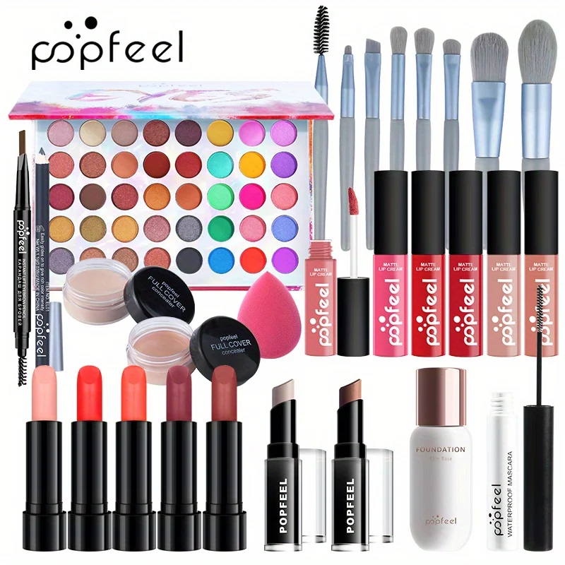POPFEEL Kit Trucco Set Regalo Completo Per Donne, Include Set Di Pennelli Per Trucco, Palette Di Ombretti, Set Di Lucidalabbra, Rossetto, Blush, Fondotinta, Correttore, Mascara, Matita Per Sopracciglia