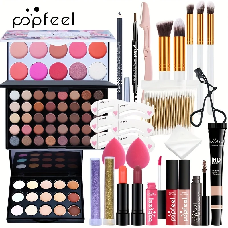 POPFEEL Kit Trucco Set Regalo Completo Per Donne, Include Set Di Pennelli Per Trucco, Palette Di Ombretti, Set Di Lucidalabbra, Rossetto, Blush, Fondotinta, Correttore, Mascara, Matita Per Sopracciglia