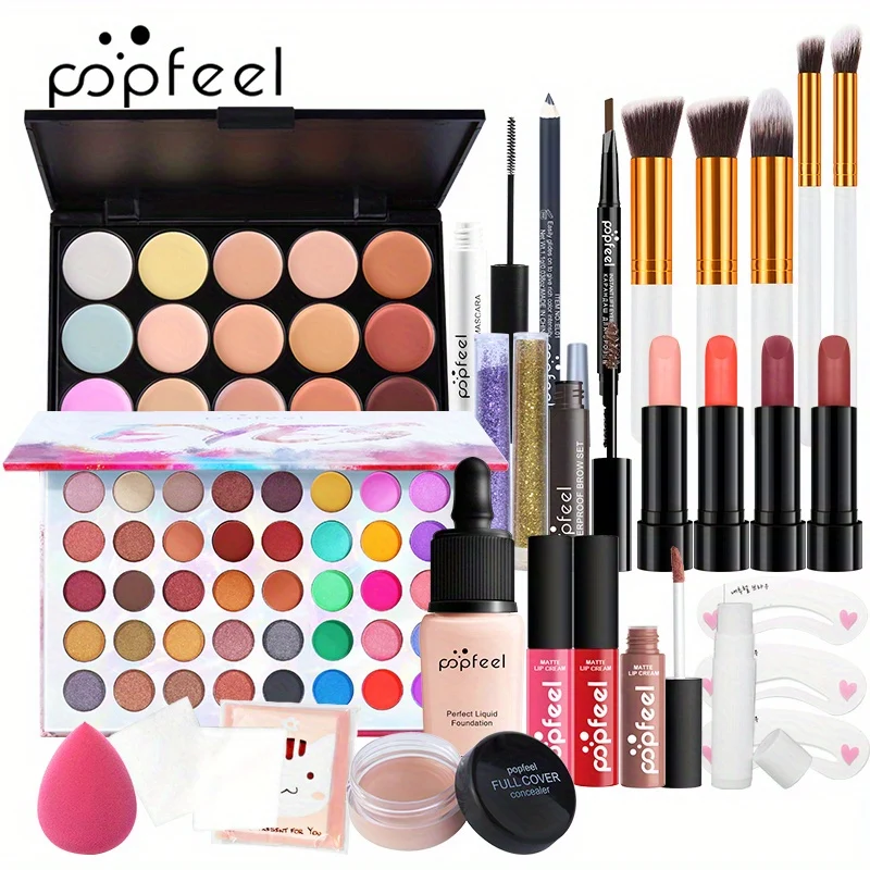 POPFEEL Kit Trucco Set Regalo Completo Per Donne, Include Set Di Pennelli Per Trucco, Palette Di Ombretti, Set Di Lucidalabbra, Rossetto, Blush, Fondotinta, Correttore, Mascara, Matita Per Sopracciglia
