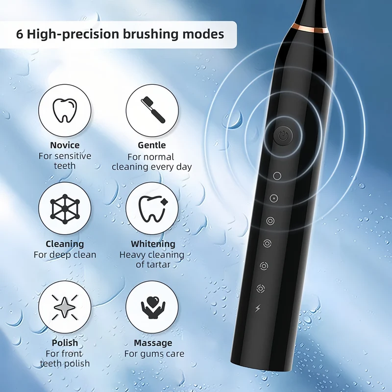 Sonic spazzolino elettrico USB ricaricabile con spazzola a ultrasuoni dotata di 4 spazzole per 6 modalità di pulizia e timer automatico IPX7 resistente all’acqua spazzolini per la pulizi di adulti e bambini