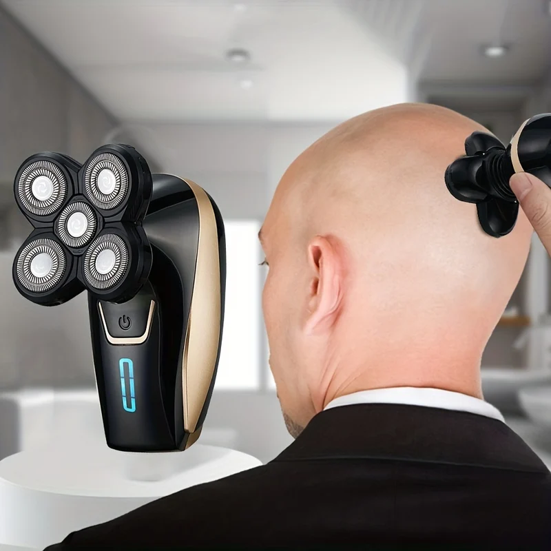 Rasoio Elettrico Per Capelli, Rasoio Per La Testa Con 5 Teste Galleggianti, Rasoio Impermeabile Per La Testa Calva E Bagnata / Asciutta Per Uomo Con Lame Rotanti Ricaricabili Senza Fili