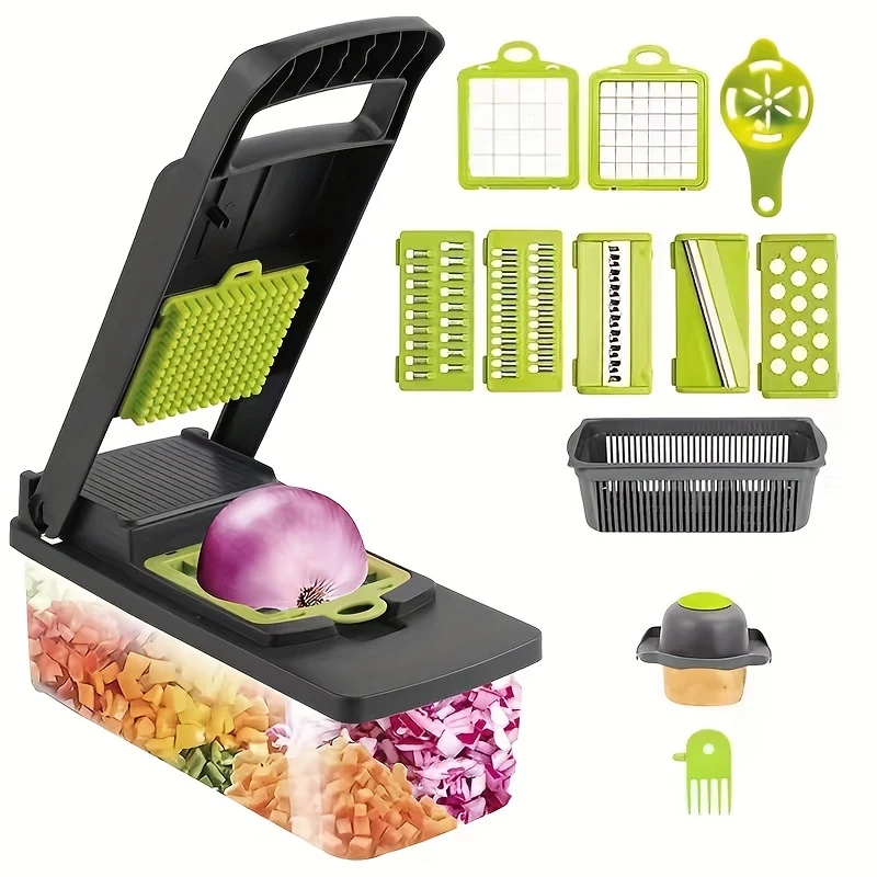 14 pz./set, di tritacarne per verdure, affettatrice multifunzione per frutta, grattugia manuale per alimenti, affettatrice per verdure, taglierina con contenitore, tritacarne per cipolle, tritatutto per patate domestiche, roba da cucina, gadget da cucina