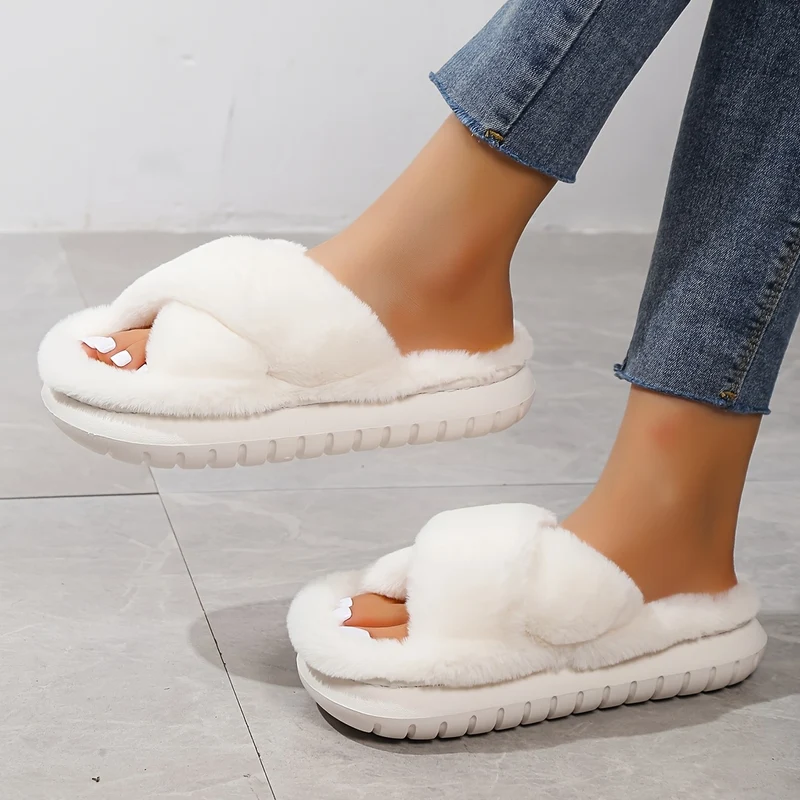 Pantofole Da Casa In Pelliccia A Piattaforma Per Donne, Ciabatte Casual A Croce Solida Con Punta Aperta, Scarpe Comode Da Interno Piatte Per Donne