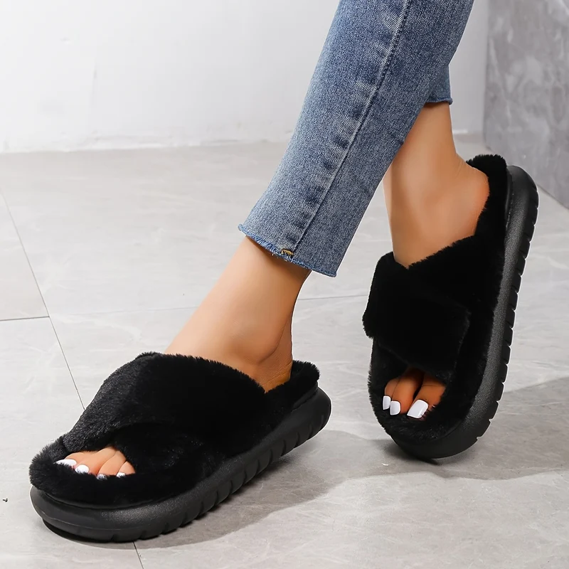 Pantofole Da Casa In Pelliccia A Piattaforma Per Donne, Ciabatte Casual A Croce Solida Con Punta Aperta, Scarpe Comode Da Interno Piatte Per Donne