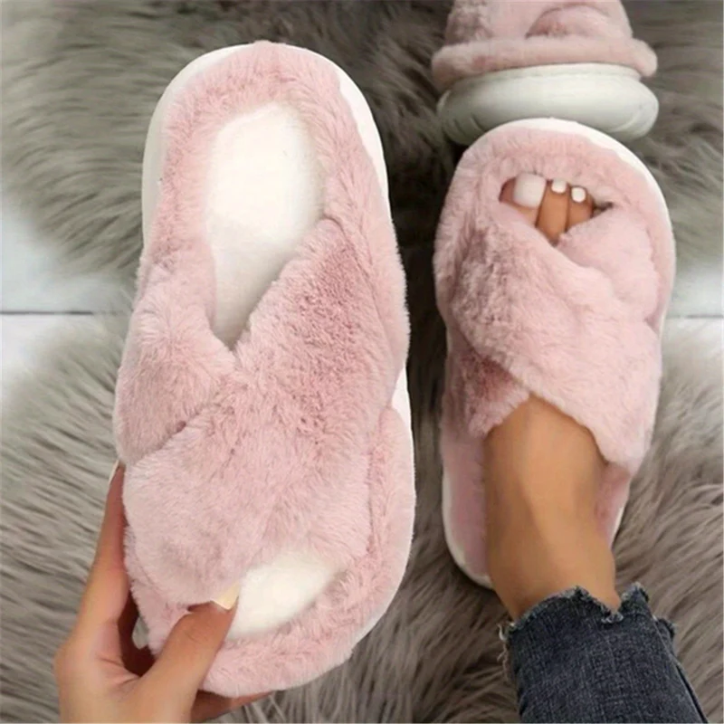 Pantofole Da Casa In Pelliccia A Piattaforma Per Donne, Ciabatte Casual A Croce Solida Con Punta Aperta, Scarpe Comode Da Interno Piatte Per Donne