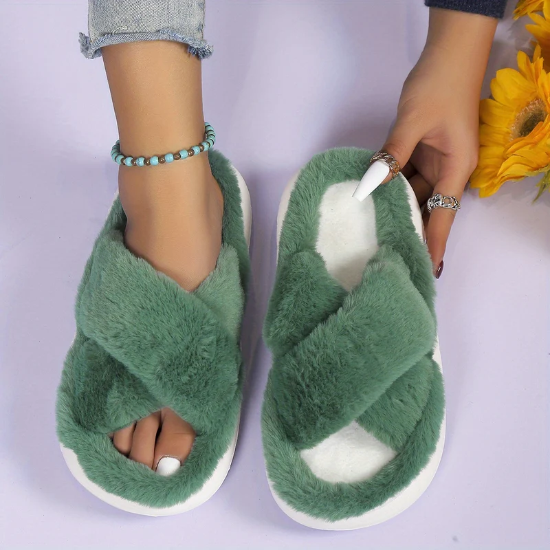 Pantofole Da Casa In Pelliccia A Piattaforma Per Donne, Ciabatte Casual A Croce Solida Con Punta Aperta, Scarpe Comode Da Interno Piatte Per Donne