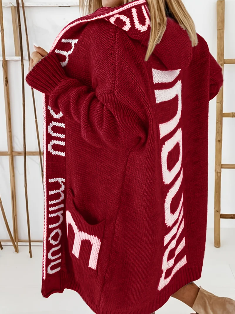 Cardigan in maglia con colletto a cascata e stampa alfabetica, maglione casual con cappuccio, maniche lunghe e tasche, abbigliamento da donna