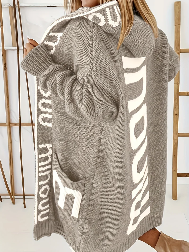 Cardigan in maglia con colletto a cascata e stampa alfabetica, maglione casual con cappuccio, maniche lunghe e tasche, abbigliamento da donna