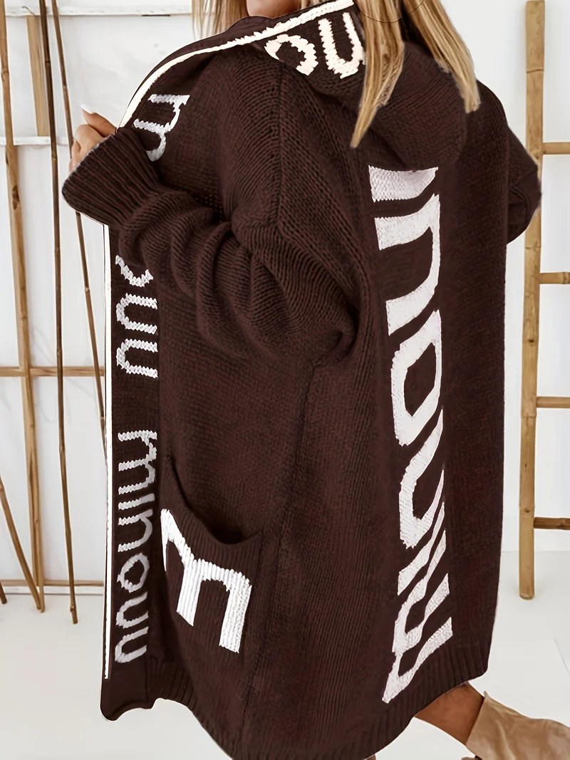 Cardigan in maglia con colletto a cascata e stampa alfabetica, maglione casual con cappuccio, maniche lunghe e tasche, abbigliamento da donna