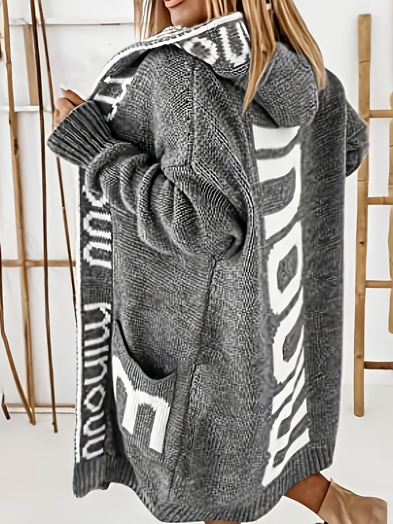 Cardigan in maglia con colletto a cascata e stampa alfabetica, maglione casual con cappuccio, maniche lunghe e tasche, abbigliamento da donna