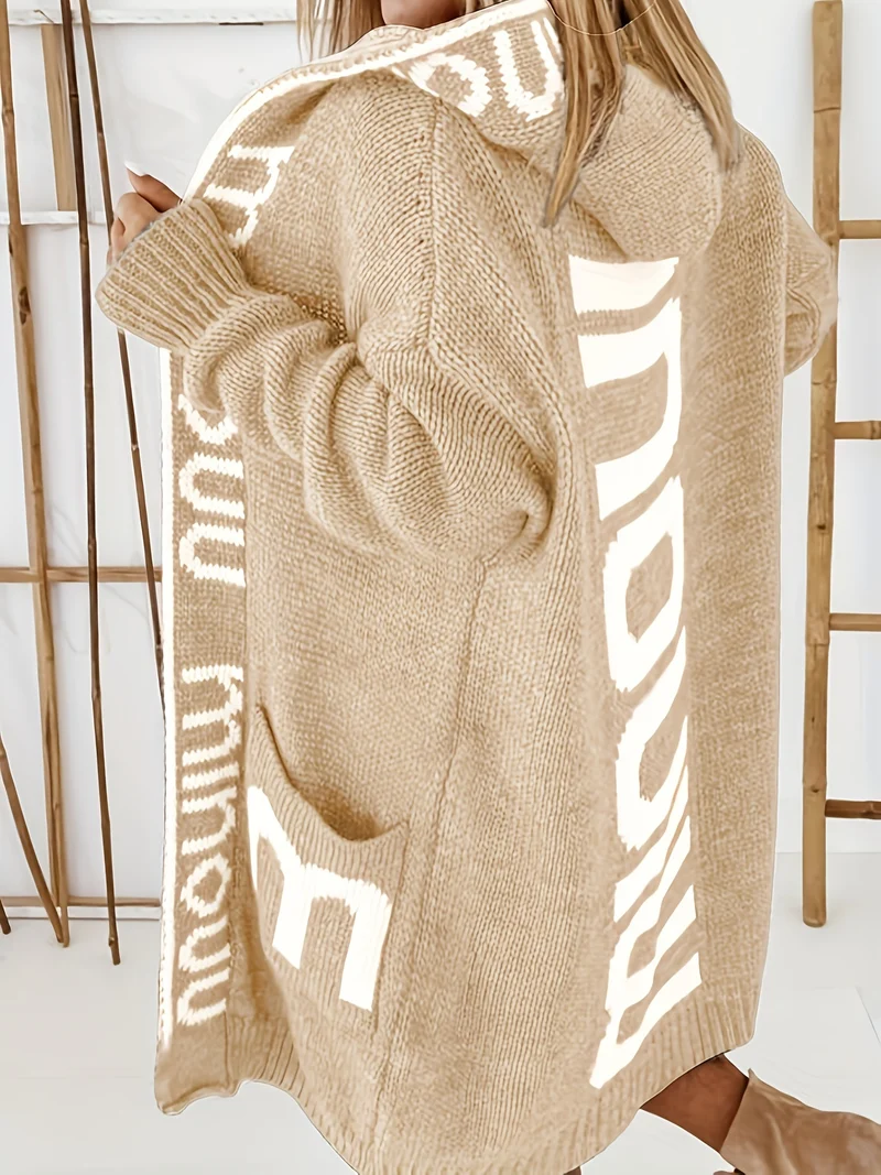 Cardigan in maglia con colletto a cascata e stampa alfabetica, maglione casual con cappuccio, maniche lunghe e tasche, abbigliamento da donna