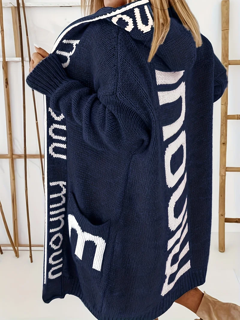 Cardigan in maglia con colletto a cascata e stampa alfabetica, maglione casual con cappuccio, maniche lunghe e tasche, abbigliamento da donna