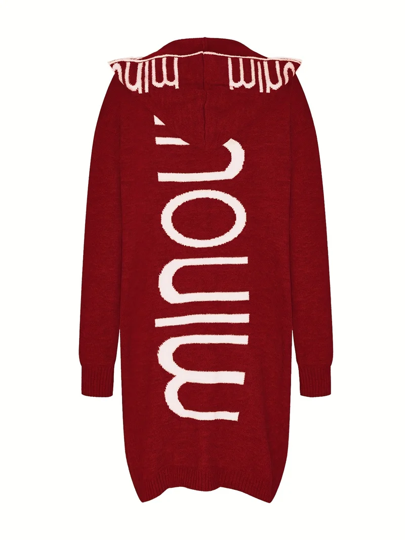 Cardigan in maglia con colletto a cascata e stampa alfabetica, maglione casual con cappuccio, maniche lunghe e tasche, abbigliamento da donna