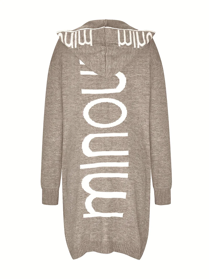 Cardigan in maglia con colletto a cascata e stampa alfabetica, maglione casual con cappuccio, maniche lunghe e tasche, abbigliamento da donna