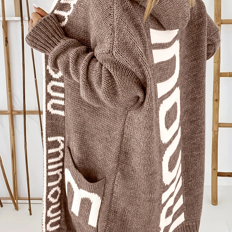 Cardigan in maglia con colletto a cascata e stampa alfabetica, maglione casual con cappuccio, maniche lunghe e tasche, abbigliamento da donna