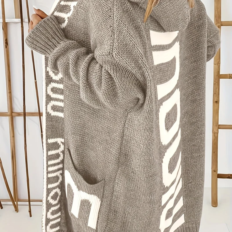 Cardigan in maglia con colletto a cascata e stampa alfabetica, maglione casual con cappuccio, maniche lunghe e tasche, abbigliamento da donna