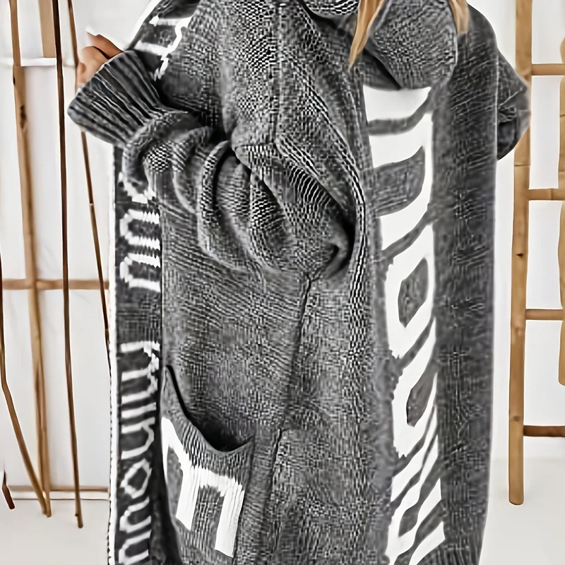 Cardigan in maglia con colletto a cascata e stampa alfabetica, maglione casual con cappuccio, maniche lunghe e tasche, abbigliamento da donna