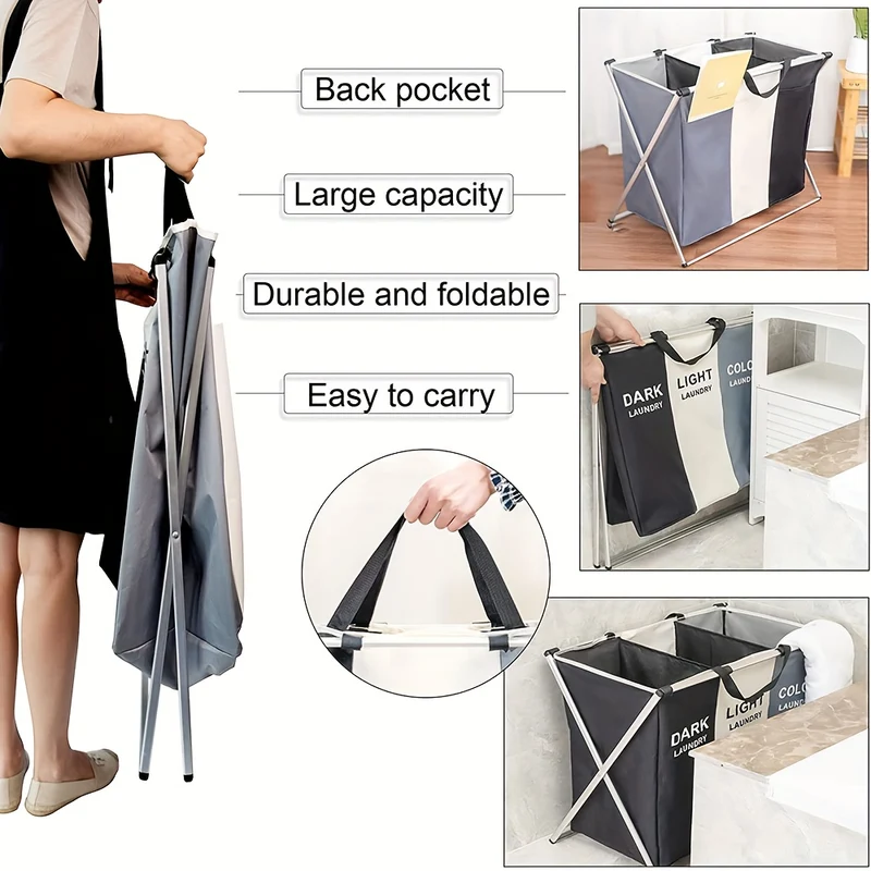 1pc Lavanderia Sorter, 35L Cesto Per La Biancheria, 2/3 Sezioni Cesto Per La Biancheria Pieghevole Con Telaio In Alluminio, 60.96cm × 35.56cm X 58.42cm Cesto Per La Biancheria Impermeabile Portatile Per Bagno Camera Da Letto Casa
