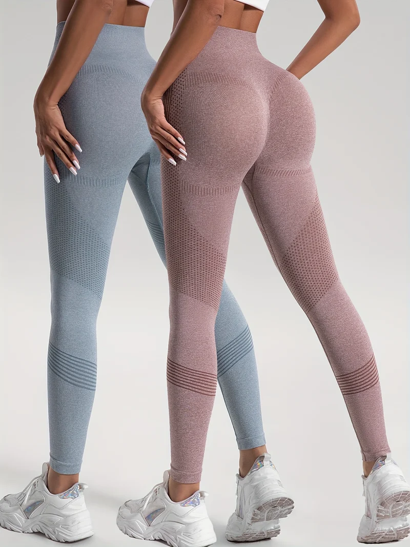 Leggings Sportivi Da Yoga Per Fitness Ad Alta Elasticità In Tinta Unita Da 2 Pezzi, Pantaloni Attillati Da Yoga Traspiranti Morbidi, Abbigliamento Sportivo Da Donna