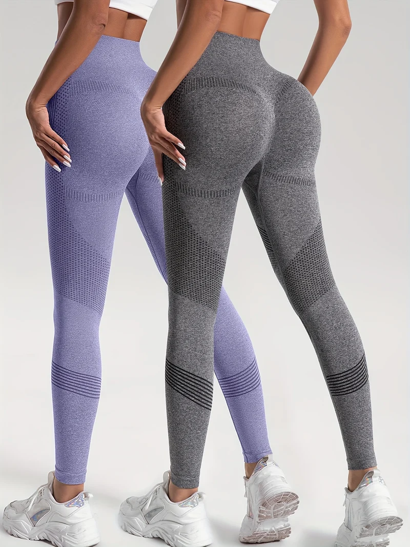 Leggings Sportivi Da Yoga Per Fitness Ad Alta Elasticità In Tinta Unita Da 2 Pezzi, Pantaloni Attillati Da Yoga Traspiranti Morbidi, Abbigliamento Sportivo Da Donna