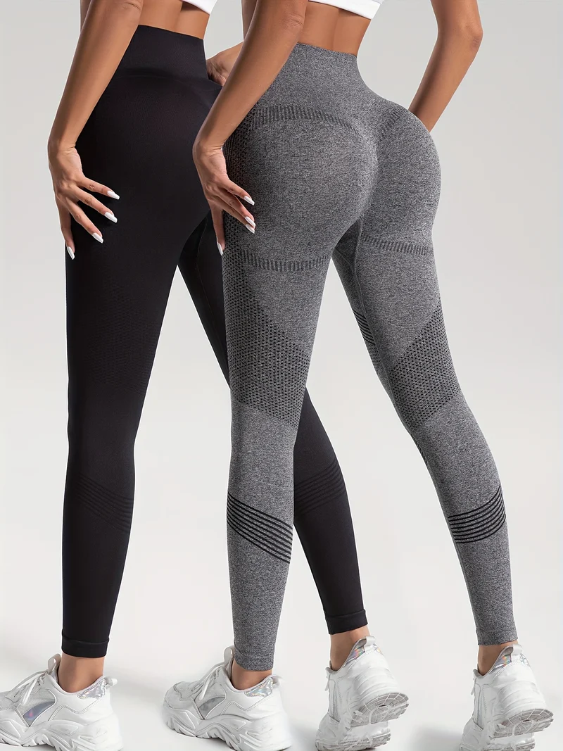 Leggings Sportivi Da Yoga Per Fitness Ad Alta Elasticità In Tinta Unita Da 2 Pezzi, Pantaloni Attillati Da Yoga Traspiranti Morbidi, Abbigliamento Sportivo Da Donna