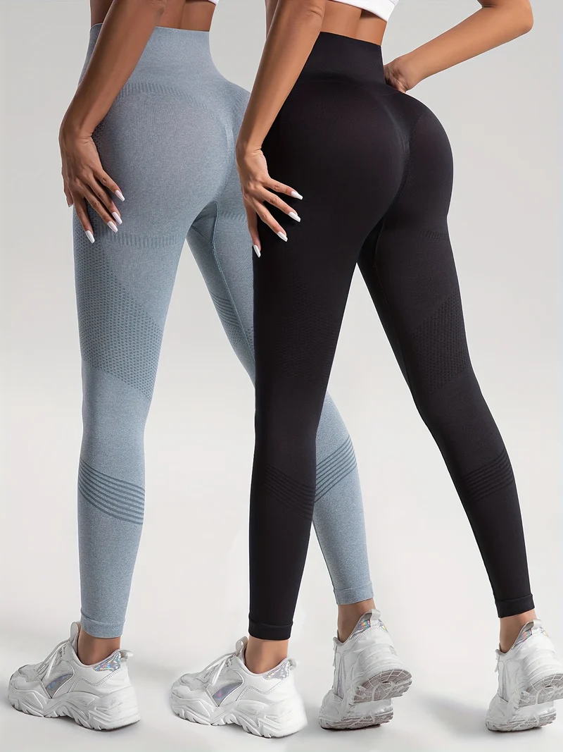 Leggings Sportivi Da Yoga Per Fitness Ad Alta Elasticità In Tinta Unita Da 2 Pezzi, Pantaloni Attillati Da Yoga Traspiranti Morbidi, Abbigliamento Sportivo Da Donna