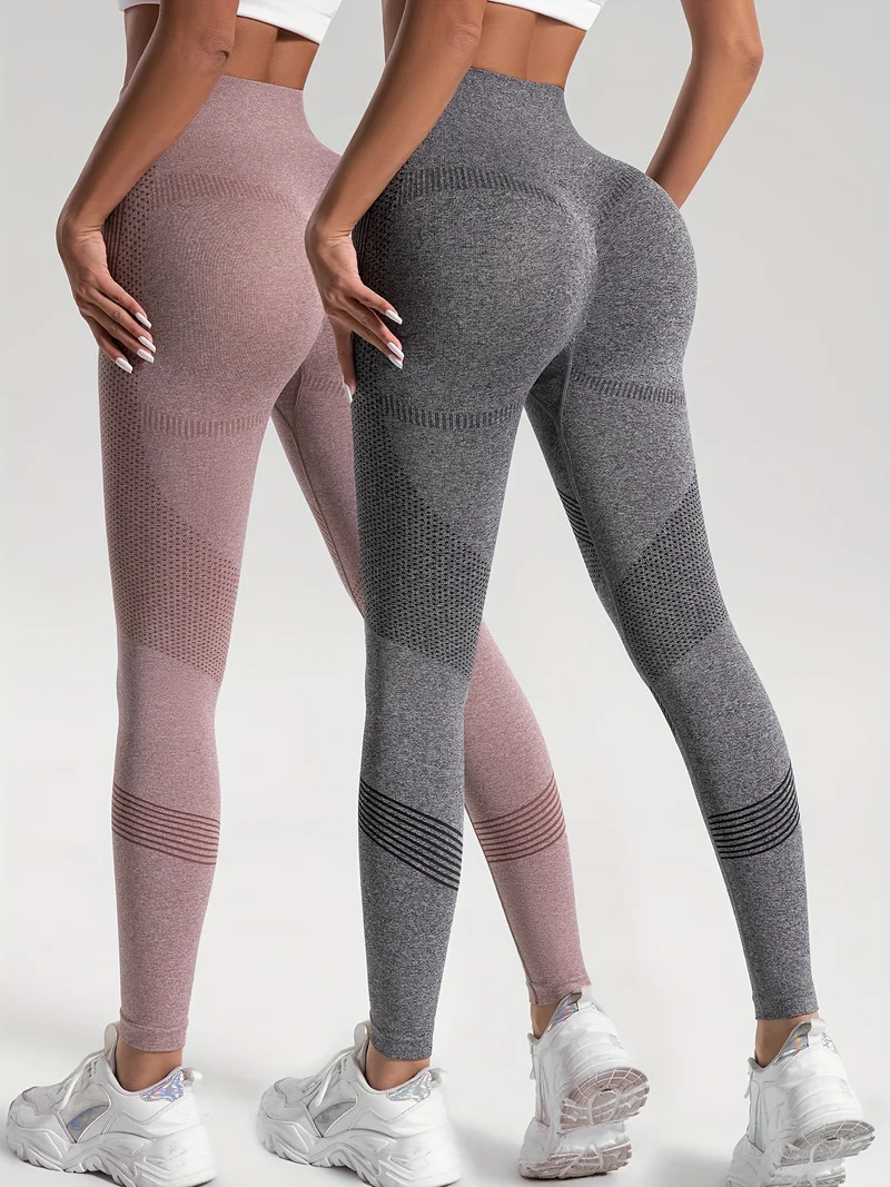 Leggings Sportivi Da Yoga Per Fitness Ad Alta Elasticità In Tinta Unita Da 2 Pezzi, Pantaloni Attillati Da Yoga Traspiranti Morbidi, Abbigliamento Sportivo Da Donna